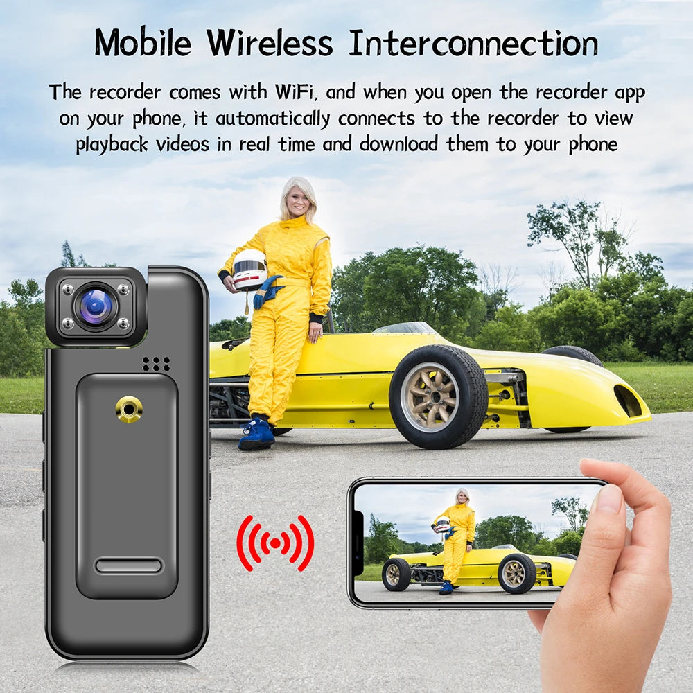 4K wifi mini camera with mobile wireless interconnection for real-time video playback on phone.