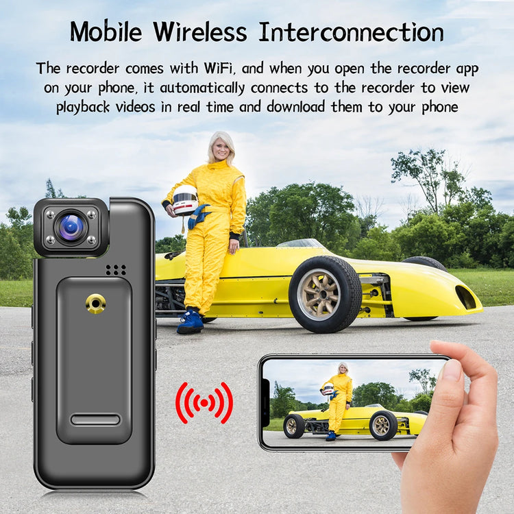 4K wifi mini camera with mobile wireless interconnection for real-time video playback on phone.
