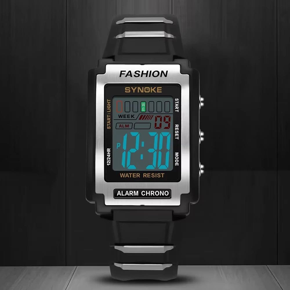 Men Rectangular Sports Electronic Watch Waterproof 50M Night Light Large Screen Alarm Clock Trend Retro Style