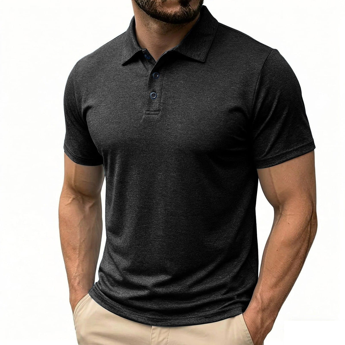 Mens casual button-down shirt in dark gray, short sleeves, stylish loose version for comfortable wear.