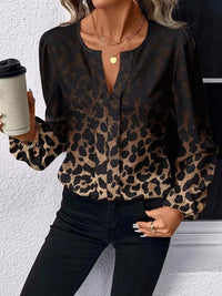 Women's Casual Leopard-Print Puff-Sleeve V-Neck Shirt | Silver Fox Sales
