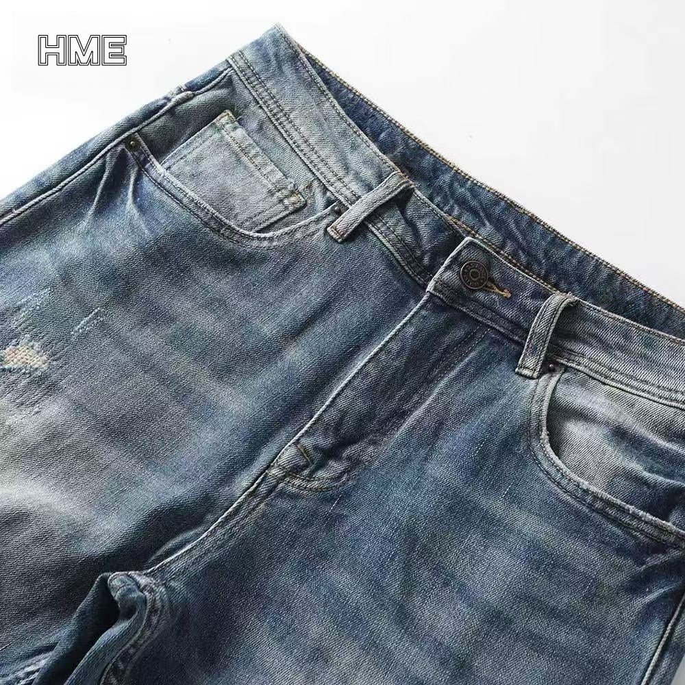 Shanxi stretchy slim straight pants showing detailed denim texture and design.