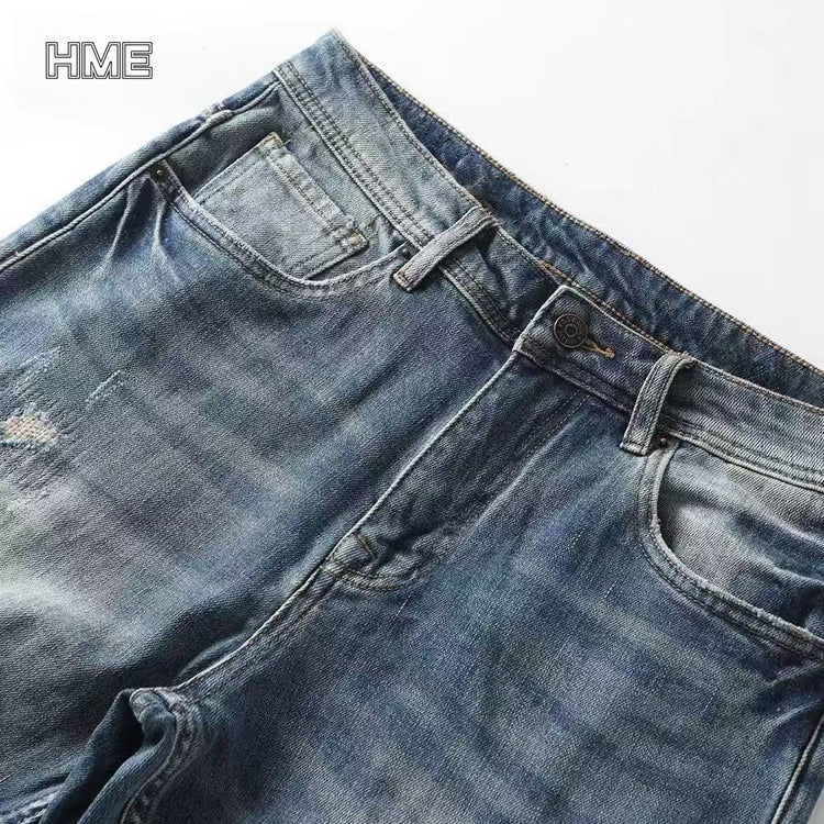 Shanxi stretchy slim straight pants showing detailed denim texture and design.
