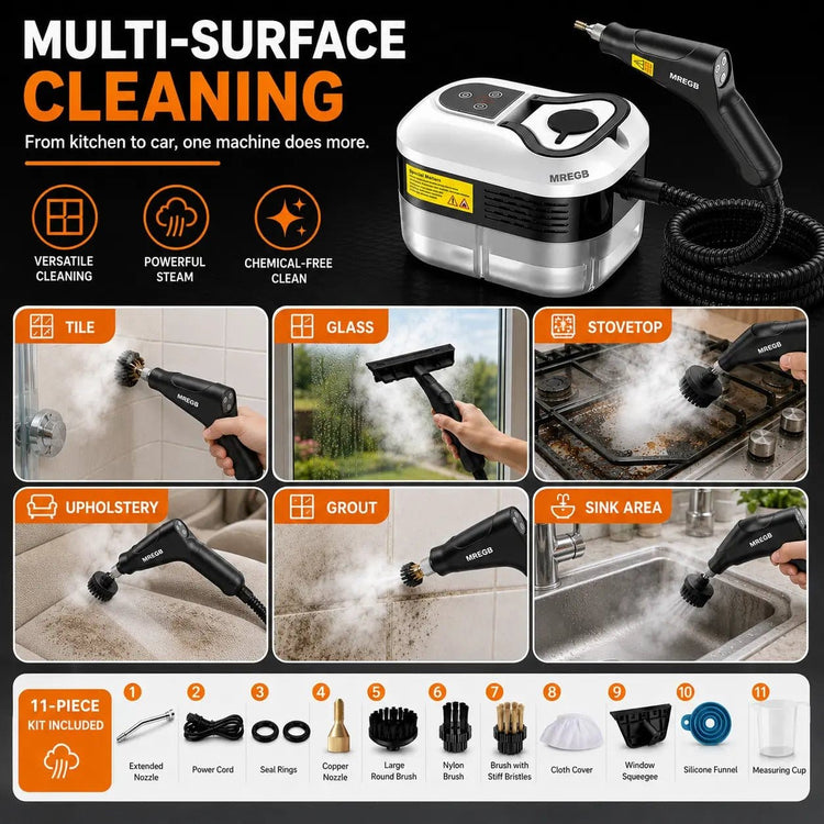 MREGB Handheld Steam Cleaner High-Temperature Pressurized Portable Steamer Fast Heat-Up Deep Cleaning Tool with Accessories for Car Detailing Kitchen Grease Bathroom Tile Floor Multi Surface Home Appliance Wash Equipment
