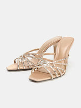 Water Diamond Square Head One Word Cold Slippers for women with fine heel and PU upper material.