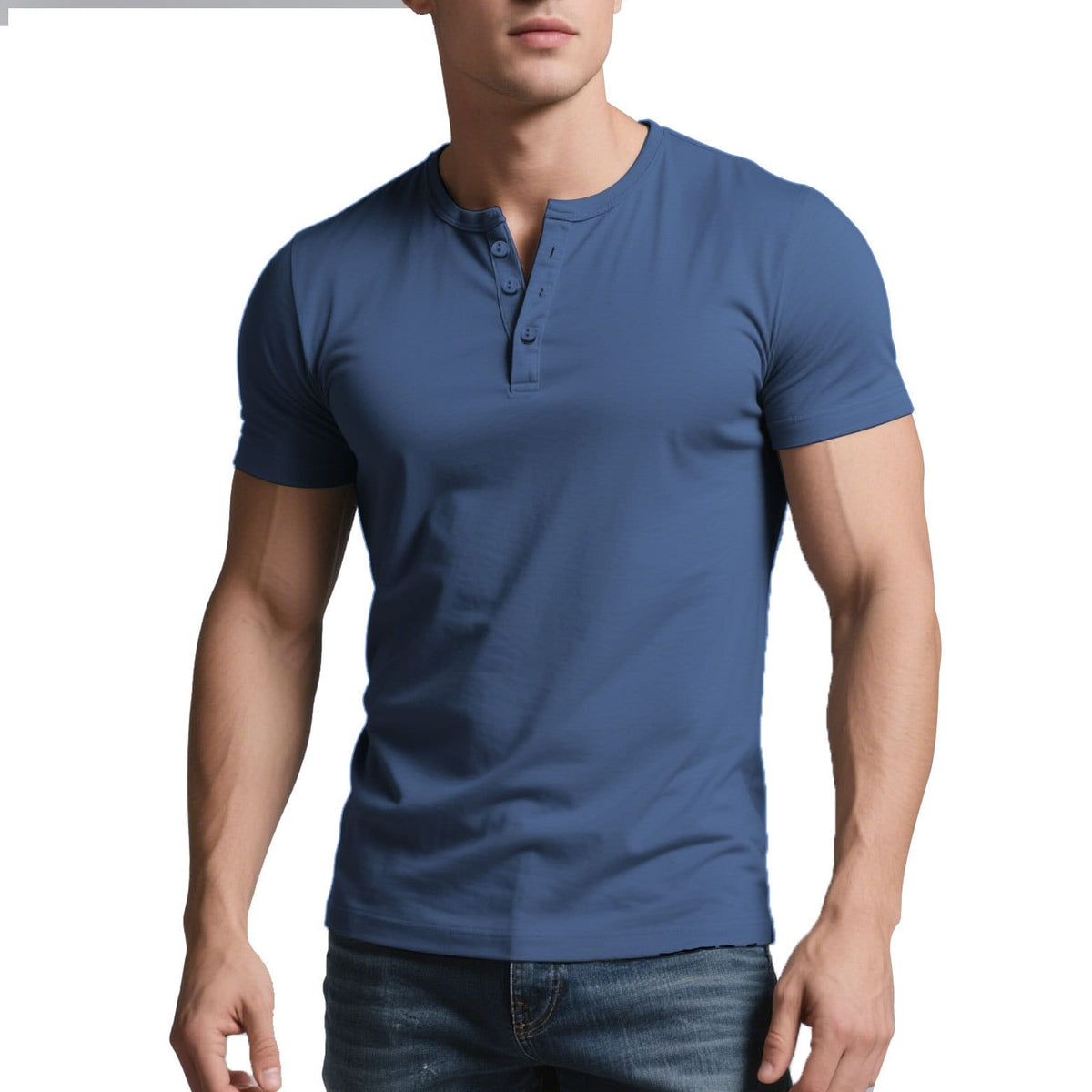 Mens casual crew-neck t-shirt in denim blue, featuring a slim fit and short sleeves for a stylish casual look.