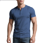 Mens casual crew-neck t-shirt in denim blue, featuring a slim fit and short sleeves for a stylish casual look.