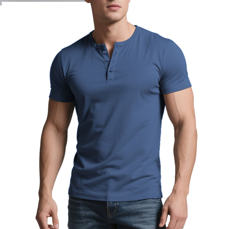 Mens casual crew-neck t-shirt in denim blue, featuring a slim fit and short sleeves for a stylish casual look.