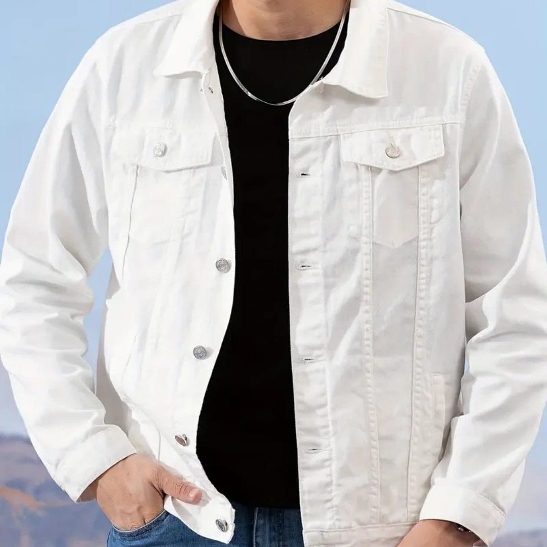 Model wearing a well-fitting formal denim jacket in white color, styled with a black shirt.