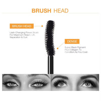 Brush head of lengthening waterproof mascara for maximum lash reach, lift, separation, and curl.