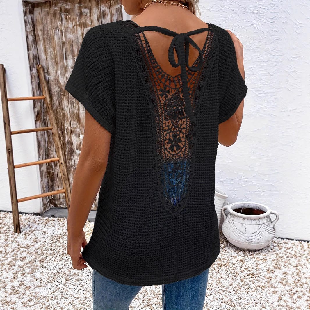 Womens Lace-Panel V-Neck Fashion T-Shirt | Silver Fox Sales