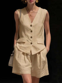 Womens Simple Elegant Cotton-Linen Vest Top And Shorts Two-Piece Set | Silver Fox Sales