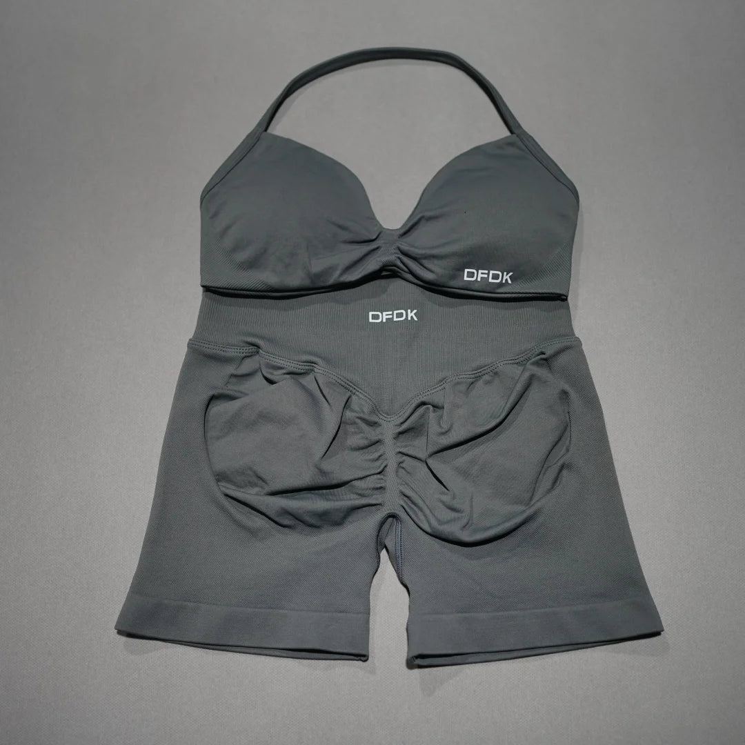 Women 2PCS Fitness Sports Set Lace up Yoga Bra High Waist Short Leggings Seamless Cycling Running Workout Activewear