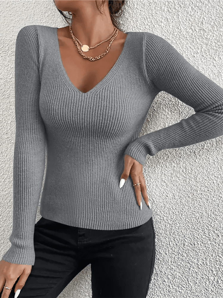 2026 Autumn Winter Women Solid Rib Knit V Neck