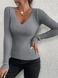 2026 Autumn Winter Women Solid Rib Knit V Neck