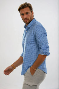 Swiss Check Long Sleeve Tech Shirt - Blue | Silver Fox Sales