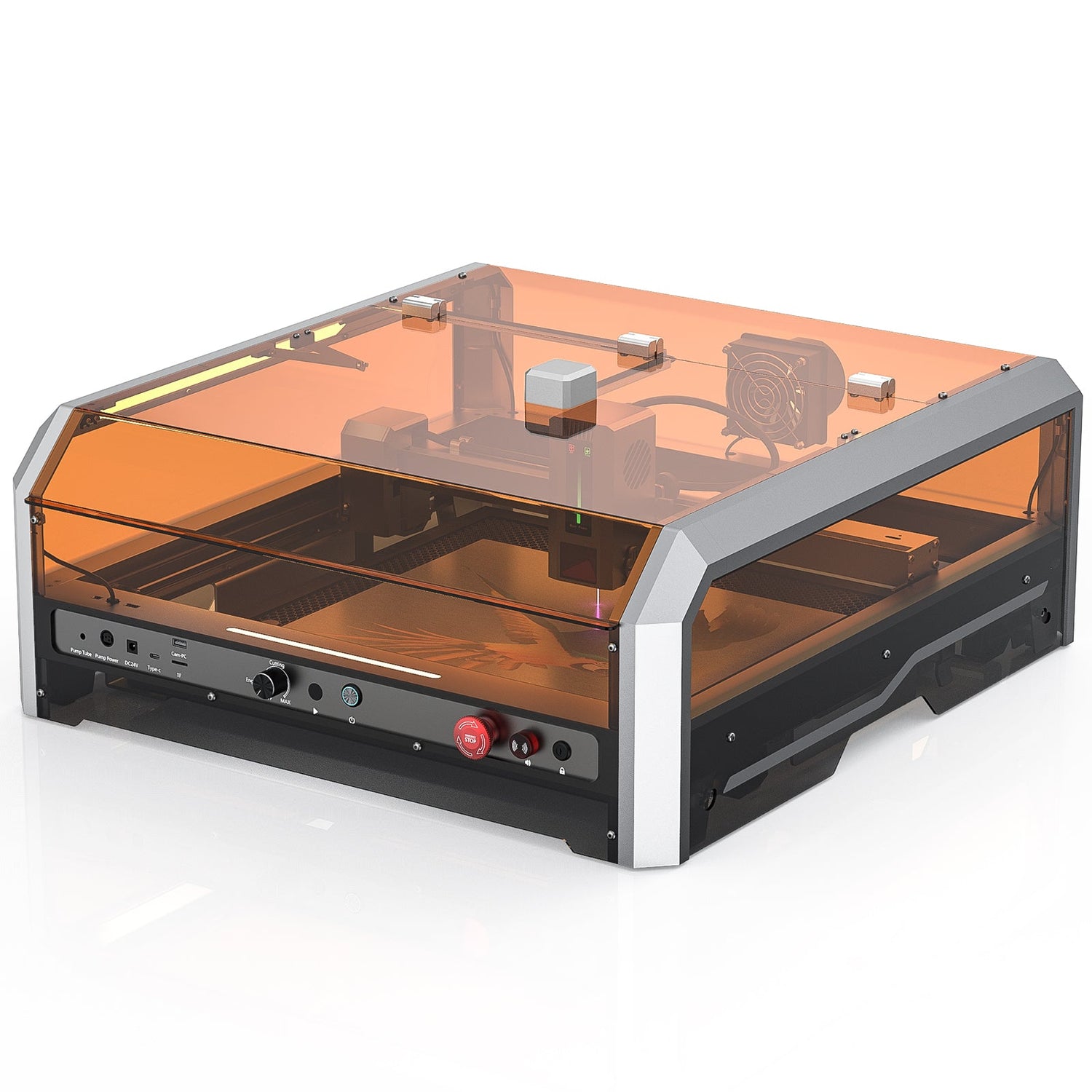 L8 laser engraver machine with orange cover and advanced cutting technology for high-speed engraving.