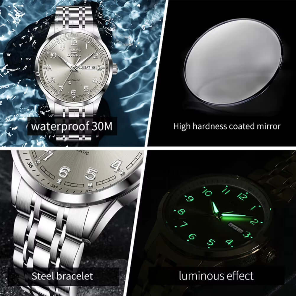 Luxury Watch for Men Automatic Mechanical Wristwatches Classic Men Watch Waterproof Gray Dial Luxury Brand Date Week 7077 features.