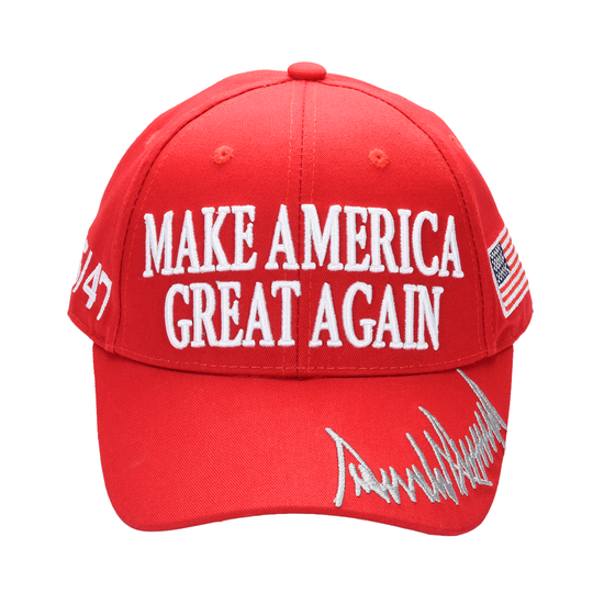 MAGA Baseball Cap with Silver Trump Signature Bill ‒ Patriotic Red Snapback Hat for Men & Women / Trump 45-47