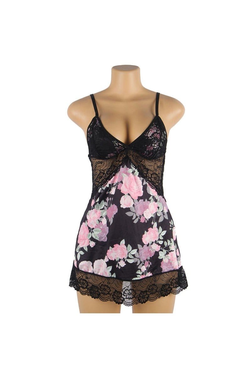 Ladies Black Floral Chemise with Lace Trim & Matching Panty | Silver Fox Sales