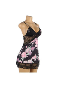 Ladies Black Floral Chemise with Lace Trim & Matching Panty | Silver Fox Sales