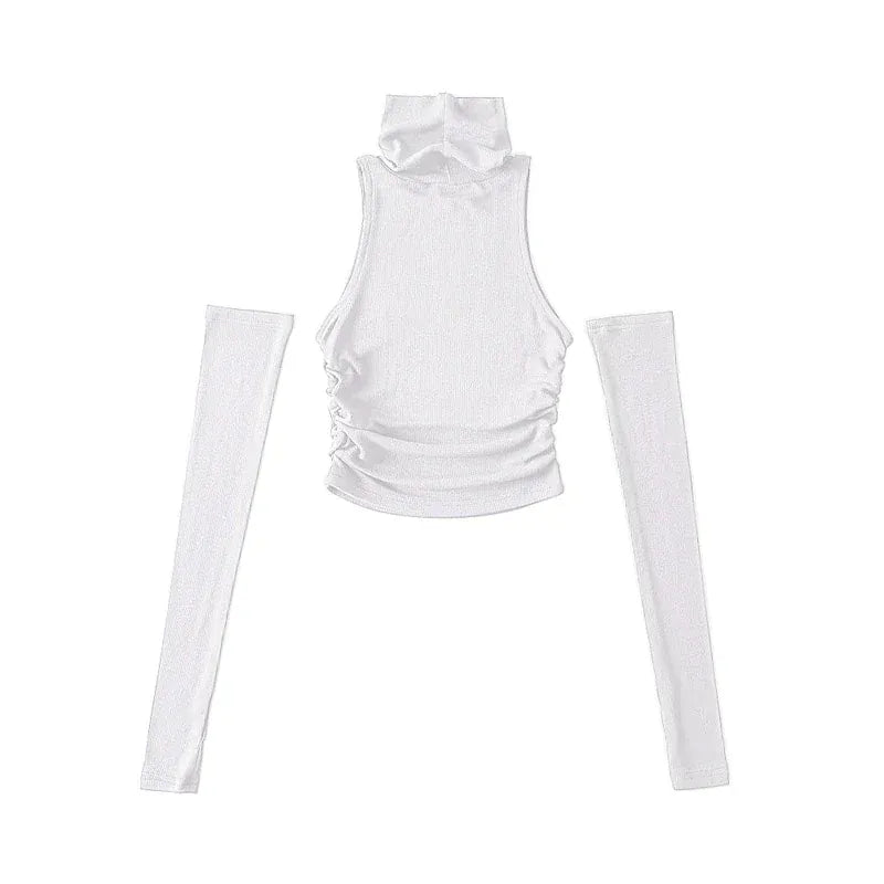 Woman Tank Top Sleeve Cover Sleevless Side Pleats Turtleneck