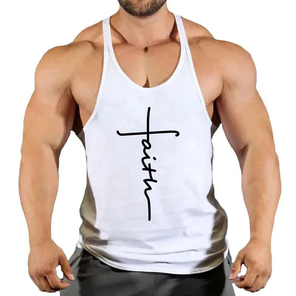 Muscular gym top men t-shirt in white featuring 'faith' design, perfect for workouts or casual wear.