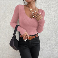 2026 Autumn Winter Women Solid Rib Knit V Neck
