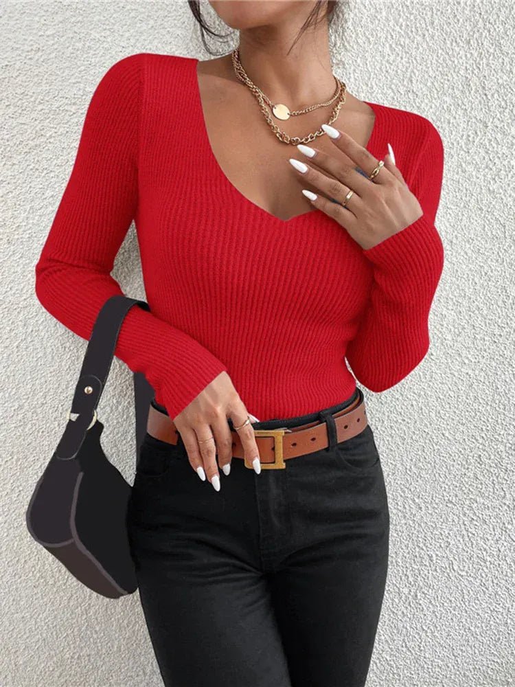 2026 Autumn Winter Women Solid Rib Knit V Neck