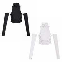 Woman Tank Top Sleeve Cover Sleevless Side Pleats Turtleneck