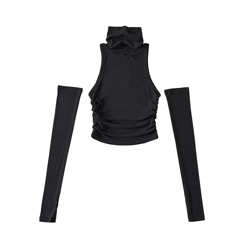 Woman Tank Top Sleeve Cover Sleevless Side Pleats Turtleneck
