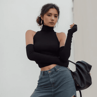 Woman Tank Top Sleeve Cover Sleevless Side Pleats Turtleneck