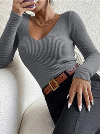 2026 Autumn Winter Women Solid Rib Knit V Neck