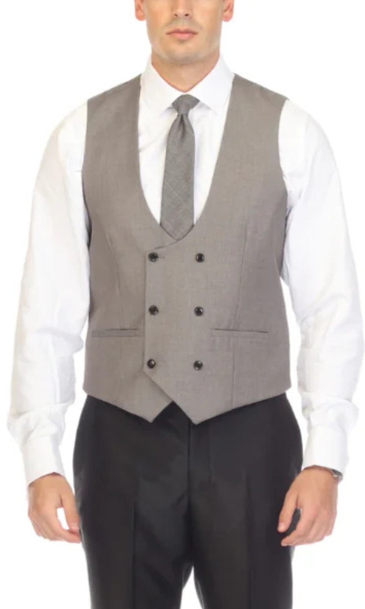 Men's grey double breasted vest with matching tie