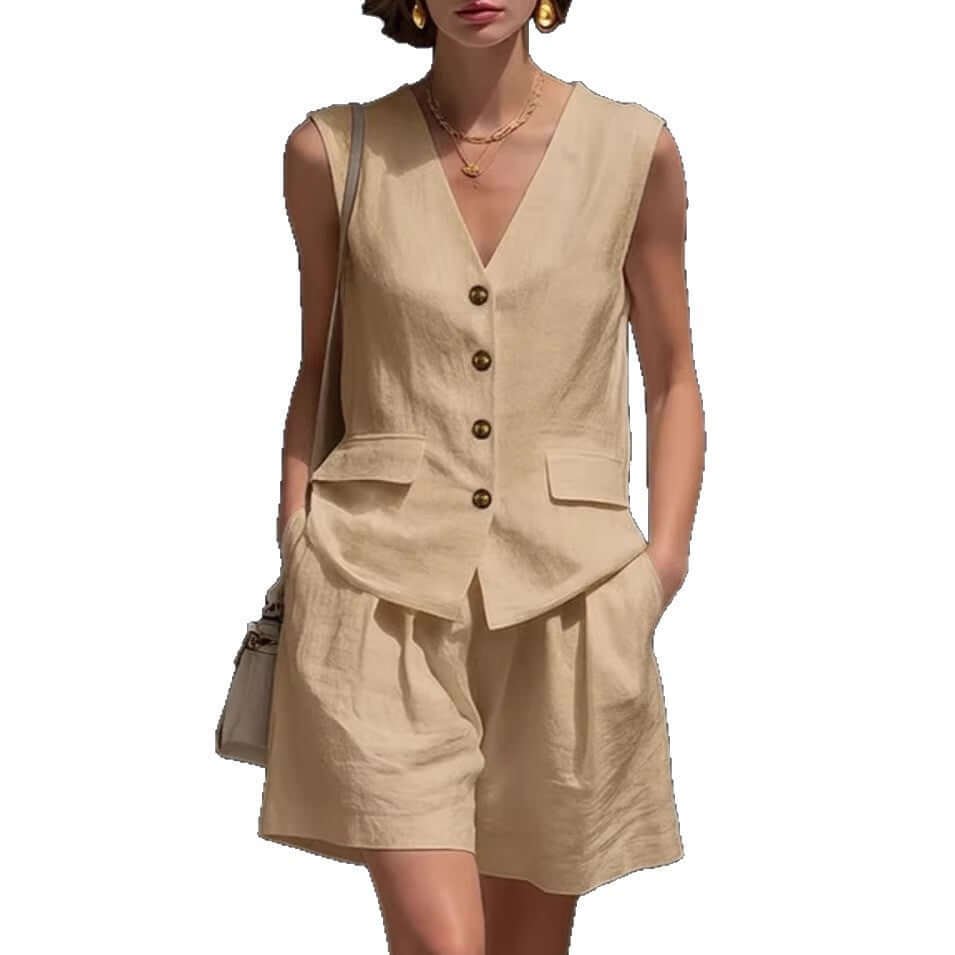 Womens Simple Elegant Cotton-Linen Vest Top And Shorts Two-Piece Set | Silver Fox Sales