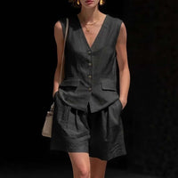 Womens Simple Elegant Cotton-Linen Vest Top And Shorts Two-Piece Set | Silver Fox Sales