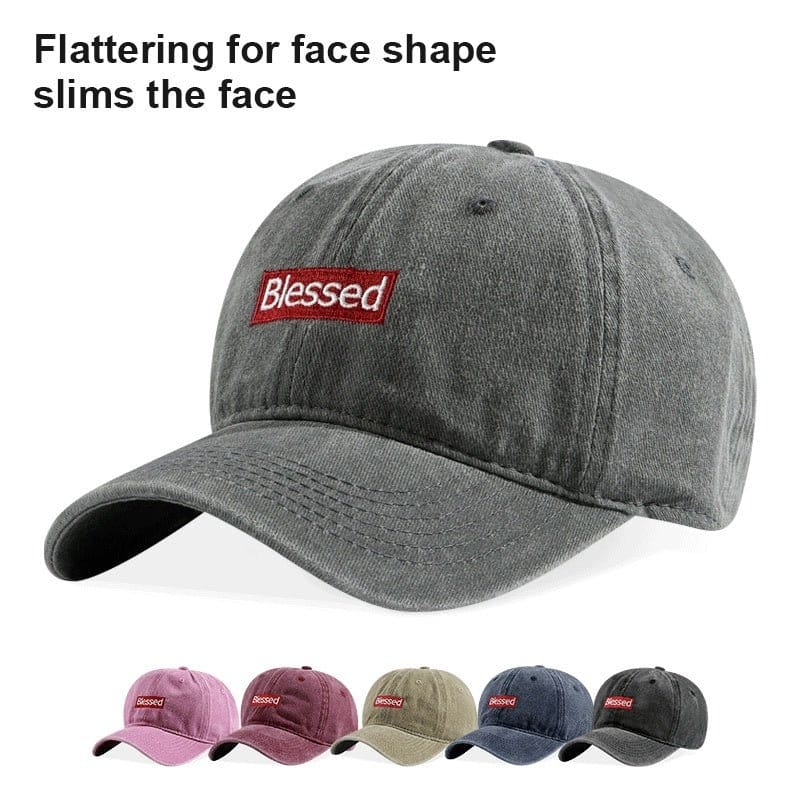 Vintage Washed Blessed Embroidered Dad Hat in gray with red embroidery, ideal for stylish streetwear.