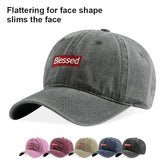 Vintage Washed Blessed Embroidered Dad Hat in gray with red embroidery, ideal for stylish streetwear.