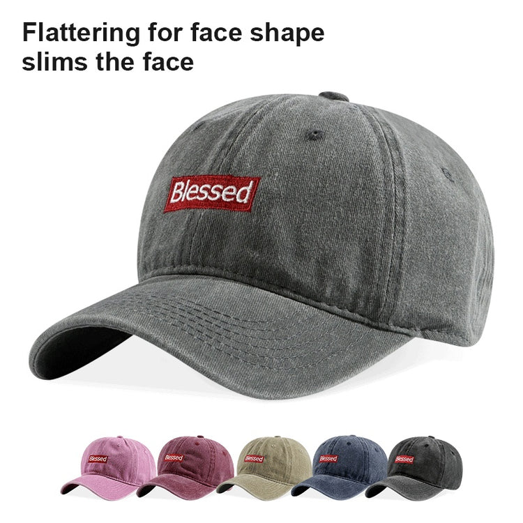 Vintage Washed Blessed Embroidered Dad Hat in gray with red embroidery, ideal for stylish streetwear.