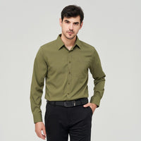 W7 business shirt polyester in olive color, featuring long sleeves and a button-down design for a stylish look.
