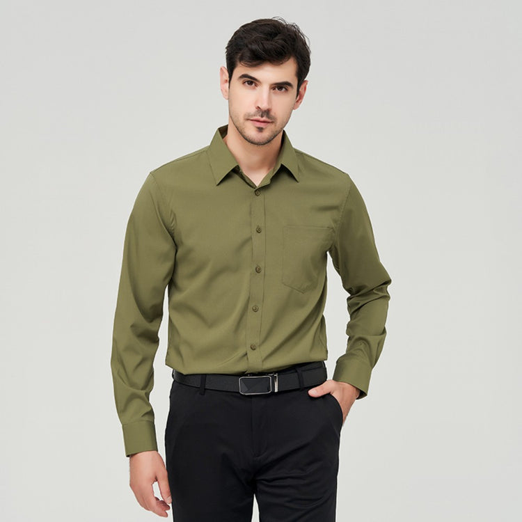 W7 business shirt polyester in olive color, featuring long sleeves and a button-down design for a stylish look.