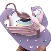 Toddler beach flip flops in pink with rainbow design, perfect for kids at the beach or pool.