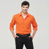 W7 business shirt polyester in vibrant orange color, worn by a smiling man with dark hair.