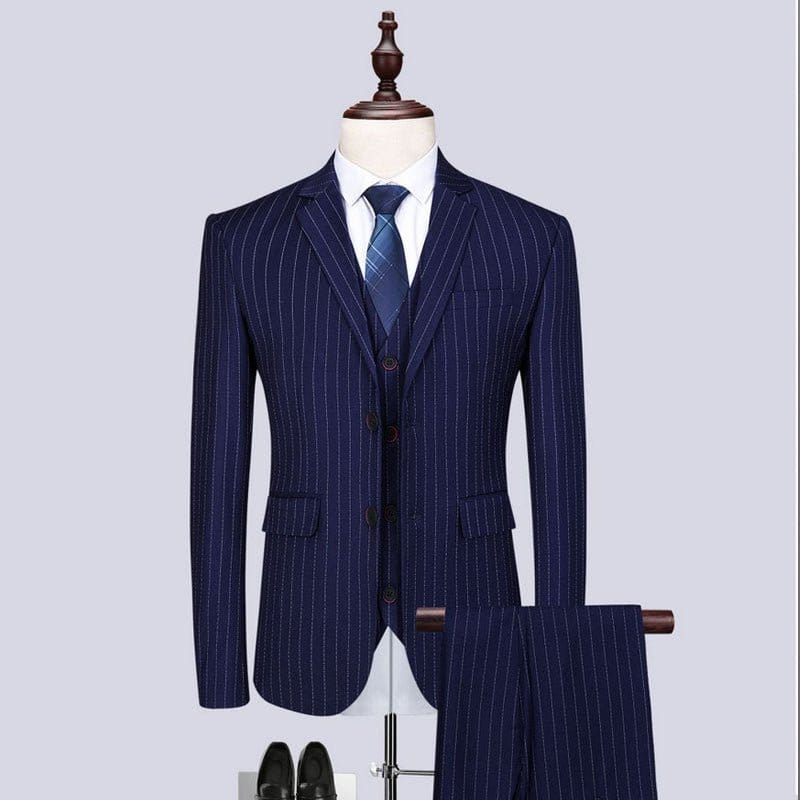 Mens fashionable and versatile striped three-piece suit in navy blue with wide gray stripes.