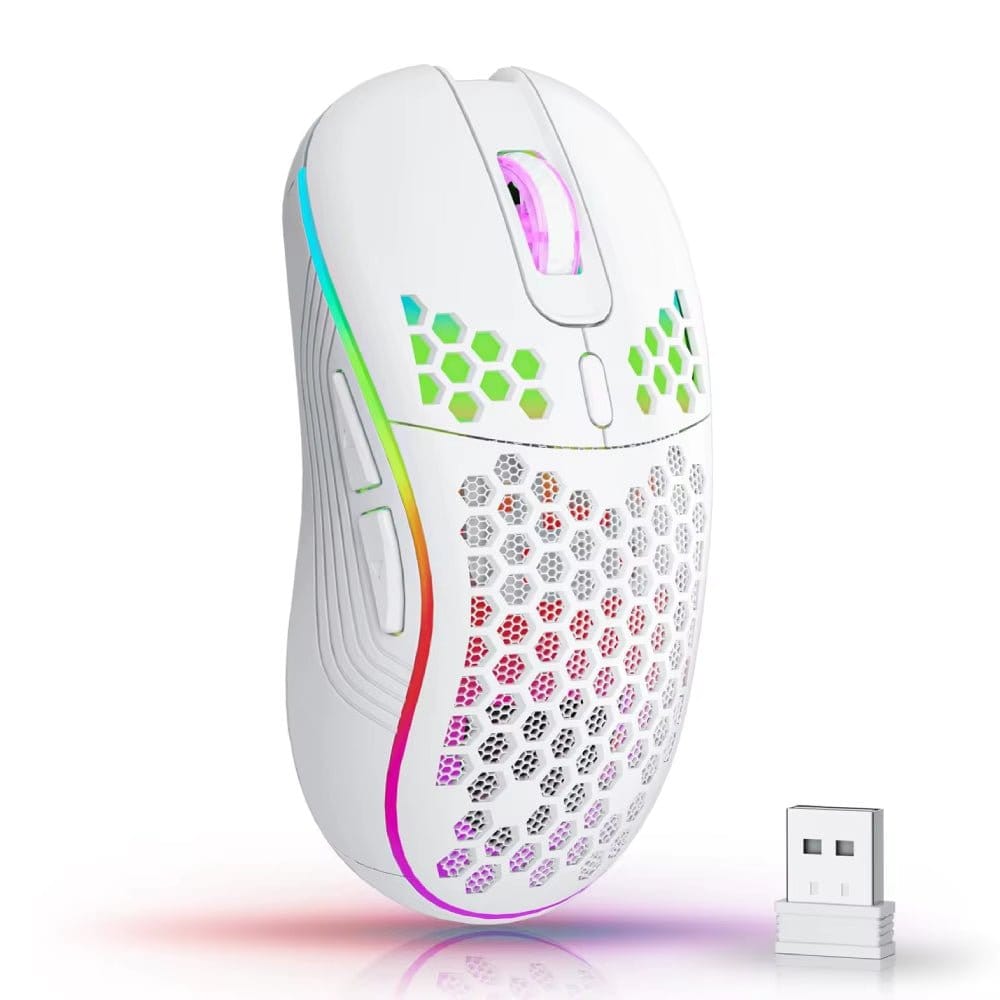 Wireless gaming mouse with RGB backlight, 6 buttons, 3-speed DPI, Type C rechargeable design.