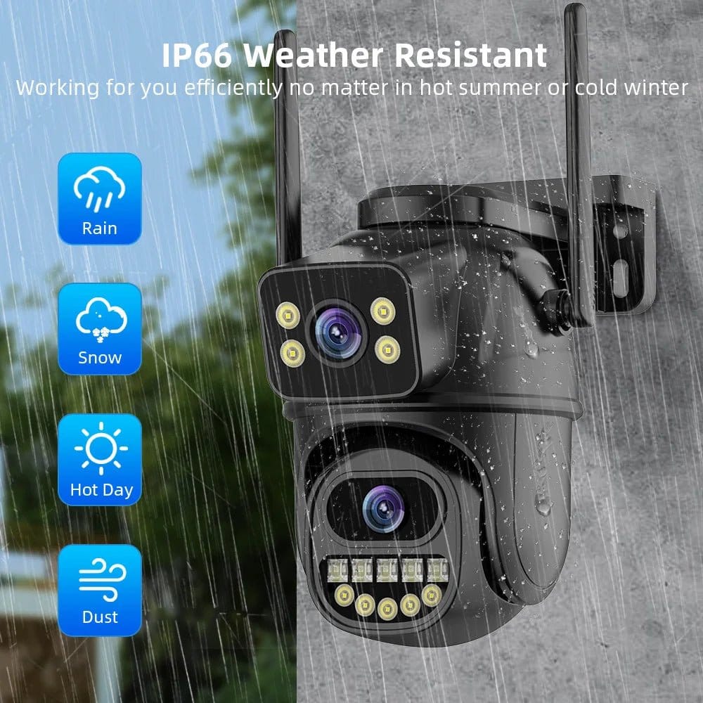 4K HD Wifi PTZ camera with AI tracking showcased in rain, highlighting IP66 weather resistance for outdoor use.