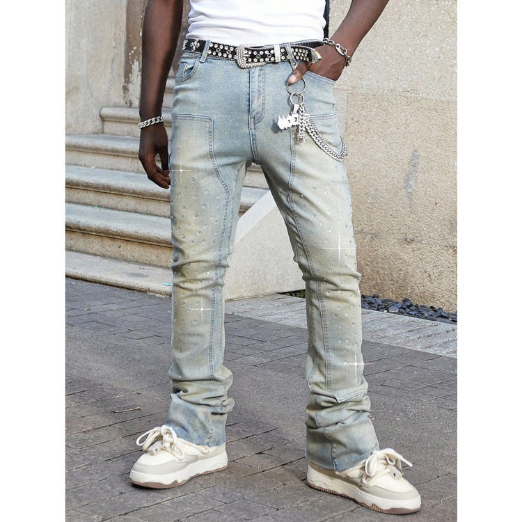 Young man wearing Shanxi stretchy slim straight pants, showcasing casual street style and comfort.