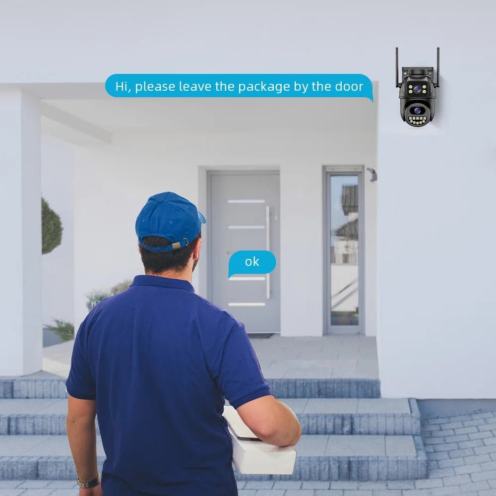Delivery person interacting with 4K HD Wifi PTZ camera with AI tracking, leaving a package by the door.