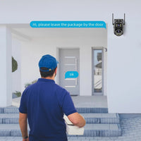 Delivery person interacting with 4K HD Wifi PTZ camera with AI tracking, leaving a package by the door.