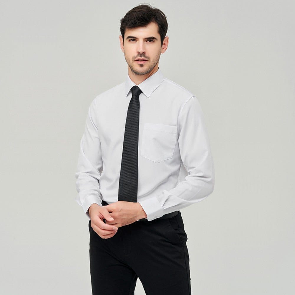 Man wearing W7 business shirt polyester with tie, showcasing its stylish design and professional look.